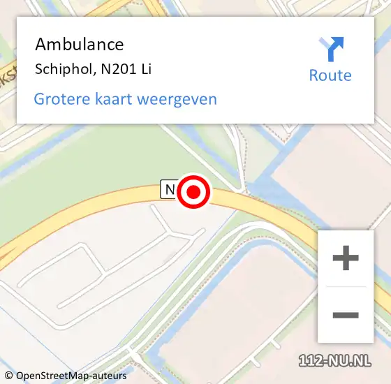 Locatie op kaart van de 112 melding: Ambulance Schiphol, N201 hectometerpaal: 35,0 op 9 februari 2018 22:28