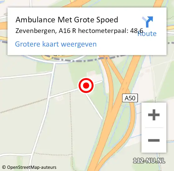 Locatie op kaart van de 112 melding: Ambulance Met Grote Spoed Naar Zevenbergen, A16 R hectometerpaal: 48,6 op 10 februari 2018 10:07