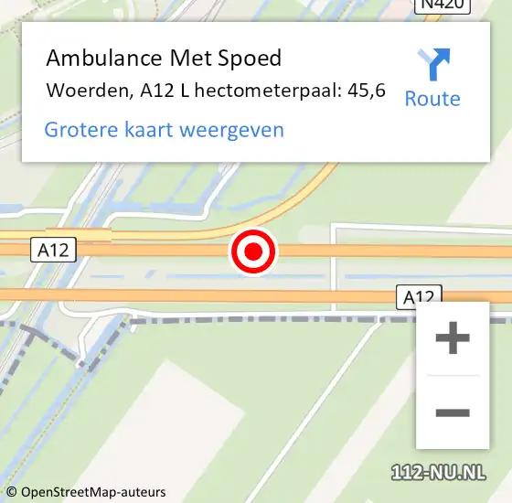 Locatie op kaart van de 112 melding: Ambulance Met Spoed Naar Woerden, A12 R hectometerpaal: 44,8 op 10 februari 2018 12:07