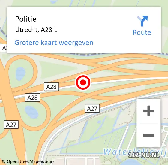 Locatie op kaart van de 112 melding: Politie Utrecht, A28 L op 11 februari 2018 09:13