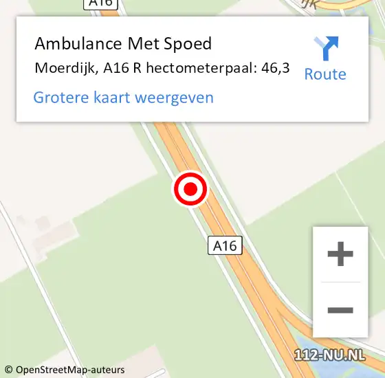 Locatie op kaart van de 112 melding: Ambulance Met Spoed Naar Moerdijk, A16 R hectometerpaal: 46,3 op 12 februari 2018 09:40