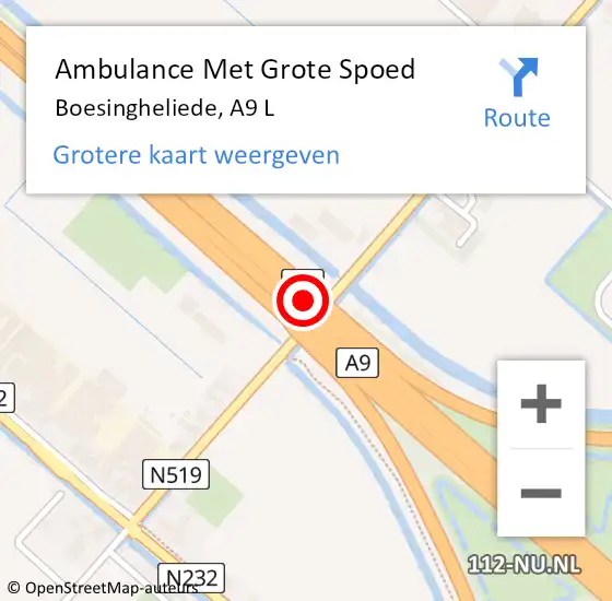 Locatie op kaart van de 112 melding: Ambulance Met Grote Spoed Naar Boesingheliede, A9 L op 13 februari 2018 07:24