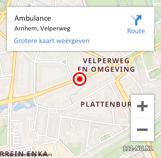 Locatie op kaart van de 112 melding: Ambulance Arnhem, Velperweg op 13 februari 2018 08:06