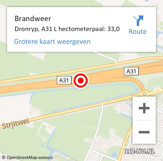 Locatie op kaart van de 112 melding: Brandweer Dronryp, A31 L hectometerpaal: 33,0 op 13 februari 2018 12:19