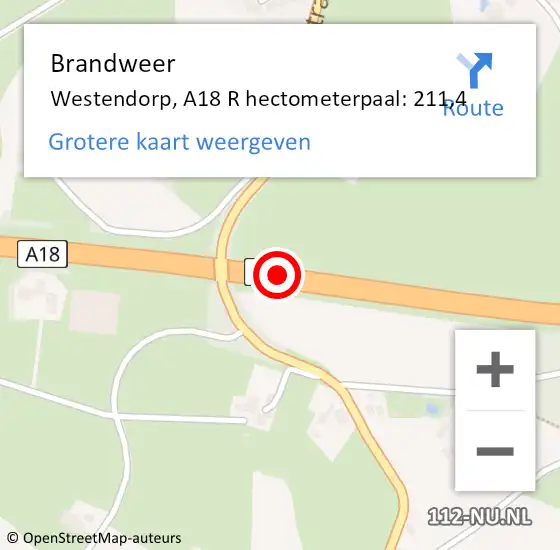 Locatie op kaart van de 112 melding: Brandweer Westendorp, A18 R hectometerpaal: 211,4 op 13 februari 2018 19:40