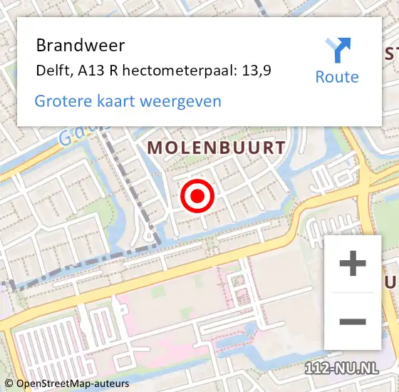 Locatie op kaart van de 112 melding: Brandweer Delft, A13 R hectometerpaal: 13,9 op 14 februari 2018 12:00