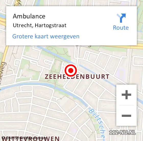 Locatie op kaart van de 112 melding: Ambulance Utrecht, Hartogstraat op 14 februari 2018 20:04