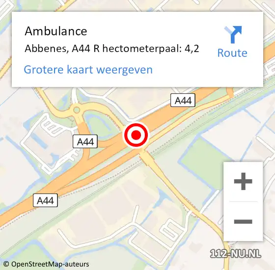 Locatie op kaart van de 112 melding: Ambulance Abbenes, A44 R hectometerpaal: 4,2 op 15 februari 2018 18:44