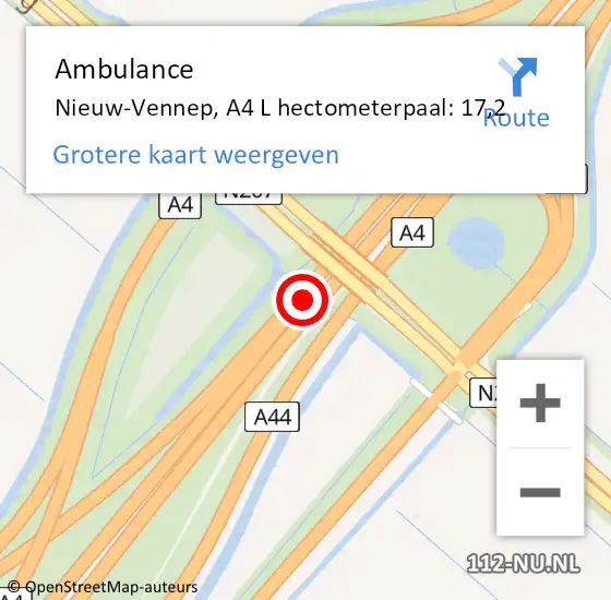 Locatie op kaart van de 112 melding: Ambulance Nieuw-Vennep, A4 L hectometerpaal: 17,2 op 16 februari 2018 09:17