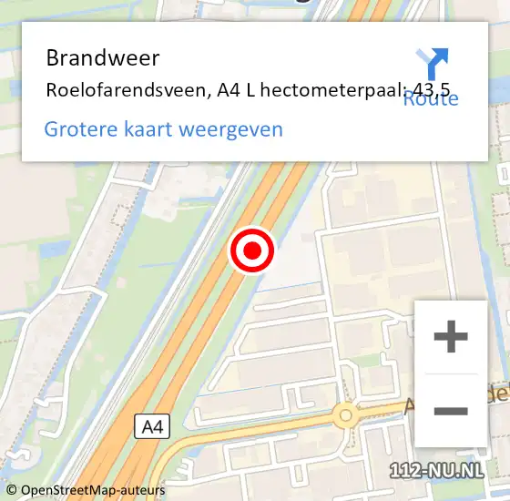 Locatie op kaart van de 112 melding: Brandweer Roelofarendsveen, A4 L hectometerpaal: 43,5 op 16 februari 2018 10:39