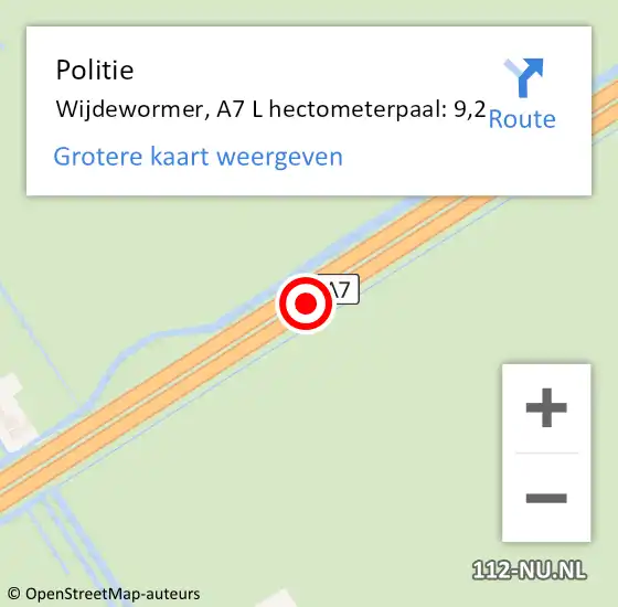 Locatie op kaart van de 112 melding: Politie Wijdewormer, A7 L hectometerpaal: 9,2 op 16 februari 2018 17:05