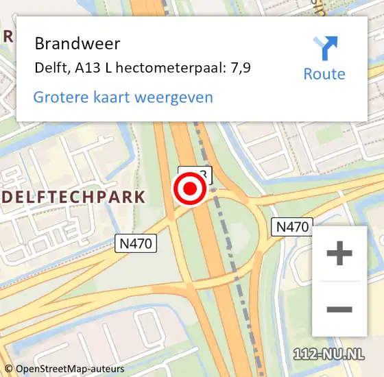 Locatie op kaart van de 112 melding: Brandweer Delft, A13 R hectometerpaal: 10,1 op 16 februari 2018 18:16