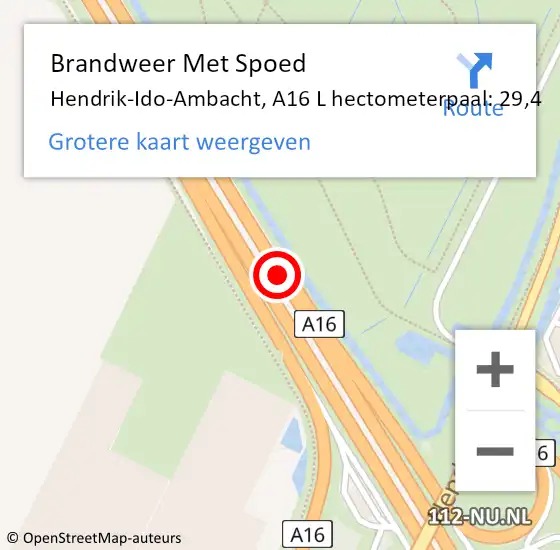 Locatie op kaart van de 112 melding: Brandweer Met Spoed Naar Hendrik-Ido-Ambacht, A16 L hectometerpaal: 29,4 op 16 februari 2018 19:32