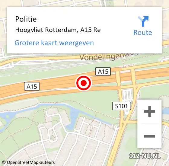 Locatie op kaart van de 112 melding: Politie Hoogvliet, A15 L hectometerpaal: 49,6 op 17 februari 2018 01:39