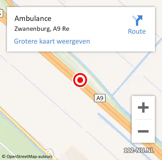Locatie op kaart van de 112 melding: Ambulance Zwanenburg, A9 R hectometerpaal: 40,7 op 19 februari 2018 06:39