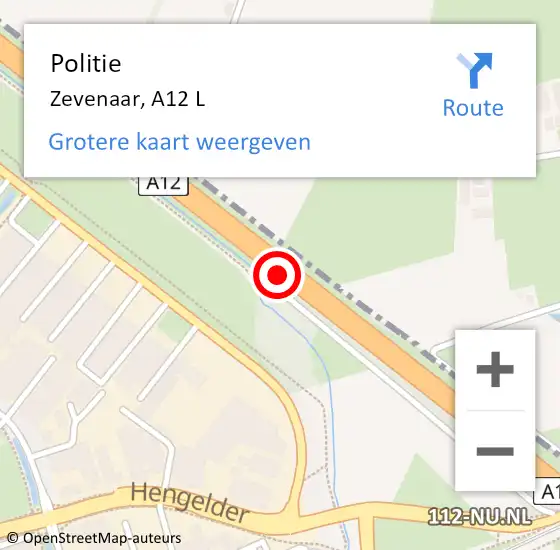 Locatie op kaart van de 112 melding: Politie Zevenaar, A12 L op 22 februari 2018 08:46
