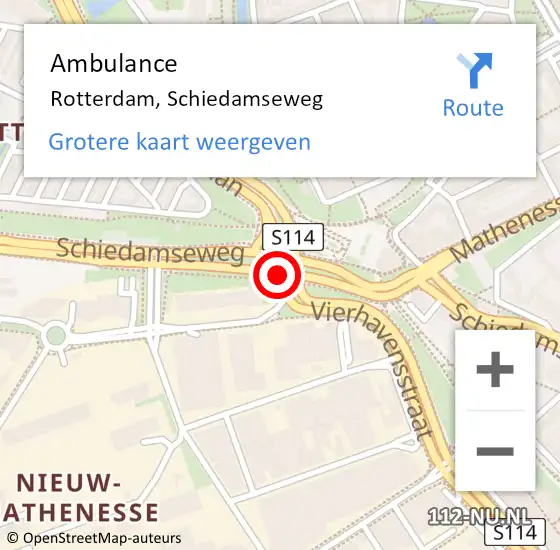 Locatie op kaart van de 112 melding: Ambulance Rotterdam, Schiedamseweg op 22 februari 2018 10:22