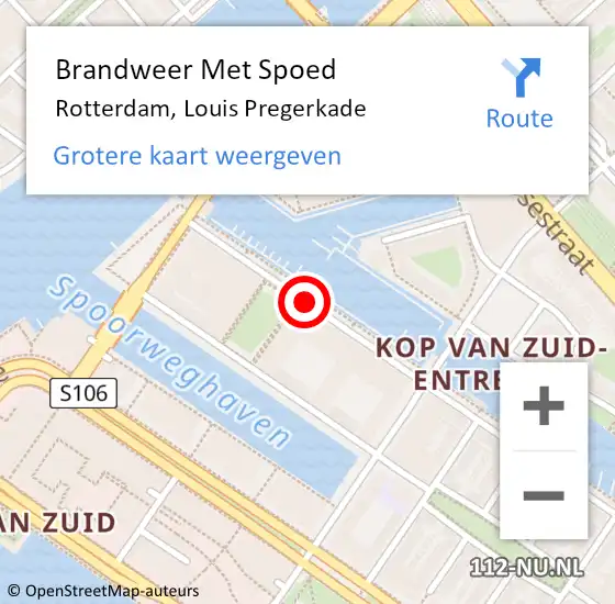 Locatie op kaart van de 112 melding: Brandweer Met Spoed Naar Rotterdam, Louis Pregerkade op 23 februari 2018 04:56