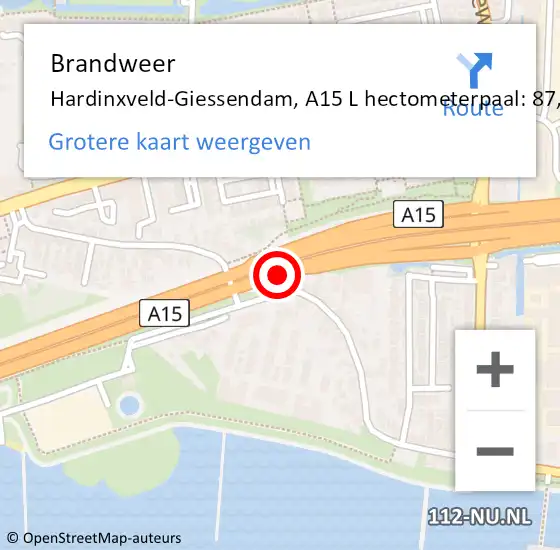 Locatie op kaart van de 112 melding: Brandweer Hardinxveld-Giessendam, A15 L hectometerpaal: 87,0 op 23 februari 2018 09:11