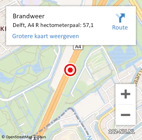Locatie op kaart van de 112 melding: Brandweer Delft, A4 R hectometerpaal: 57,1 op 23 februari 2018 13:41