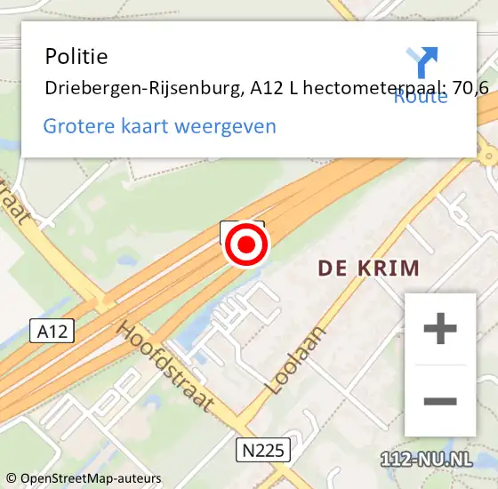Locatie op kaart van de 112 melding: Politie Driebergen-Rijsenburg, A12 L hectometerpaal: 70,6 op 24 februari 2018 04:05