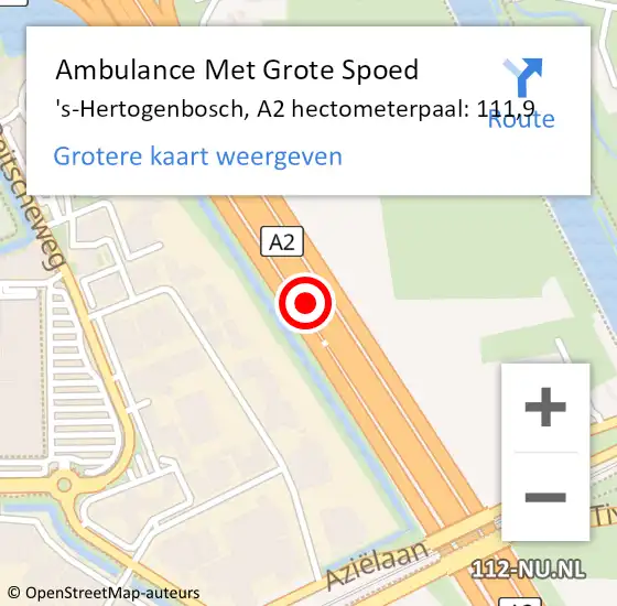 Locatie op kaart van de 112 melding: Ambulance Met Grote Spoed Naar 's-Hertogenbosch, A2 hectometerpaal: 111,9 op 24 februari 2018 19:14
