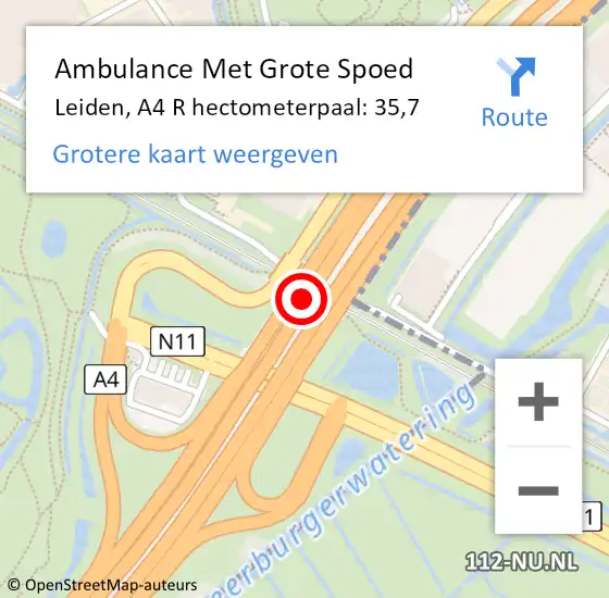 Locatie op kaart van de 112 melding: Ambulance Met Grote Spoed Naar Leiden, A4 R hectometerpaal: 35,7 op 25 februari 2018 12:16