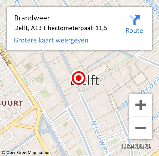 Locatie op kaart van de 112 melding: Brandweer Delft, A13 L hectometerpaal: 11,5 op 26 februari 2018 13:14