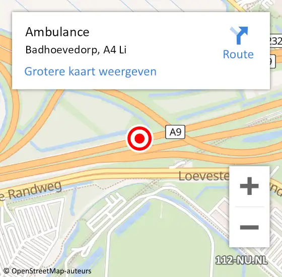 Locatie op kaart van de 112 melding: Ambulance Badhoevedorp, A4 R hectometerpaal: 4,7 op 28 februari 2018 08:25