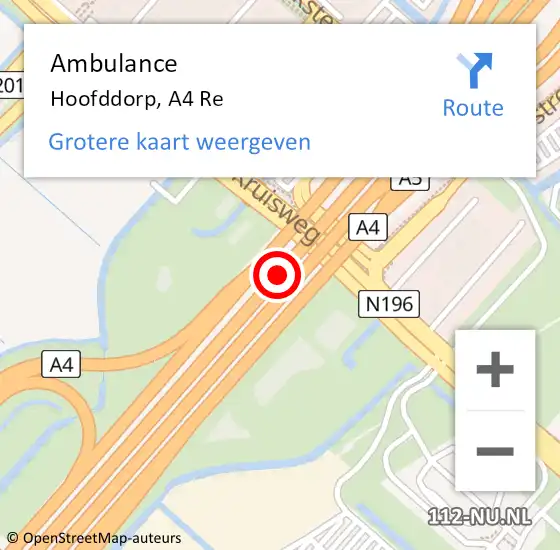 Locatie op kaart van de 112 melding: Ambulance Hoofddorp, A4 L hectometerpaal: 11,0 op 28 februari 2018 15:02