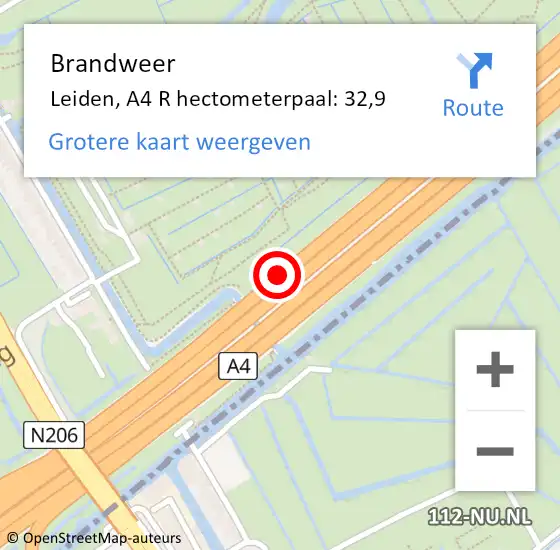Locatie op kaart van de 112 melding: Brandweer Leiden, A4 L hectometerpaal: 32,9 op 1 maart 2018 05:45