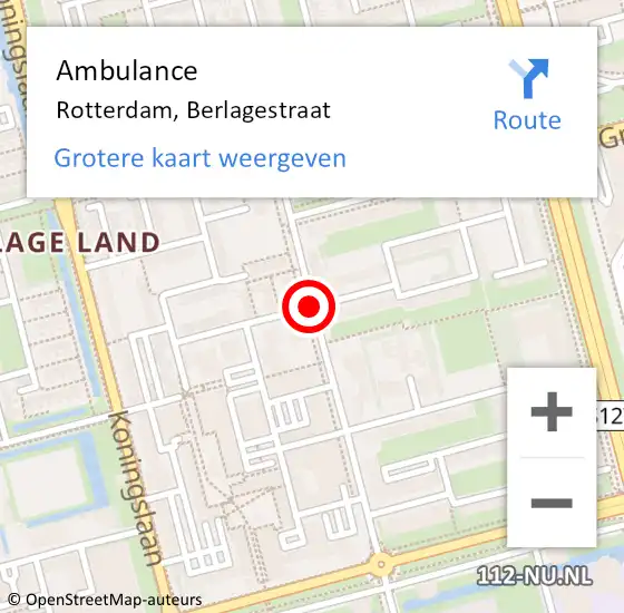 Locatie op kaart van de 112 melding: Ambulance Rotterdam, Berlagestraat op 1 maart 2018 14:59