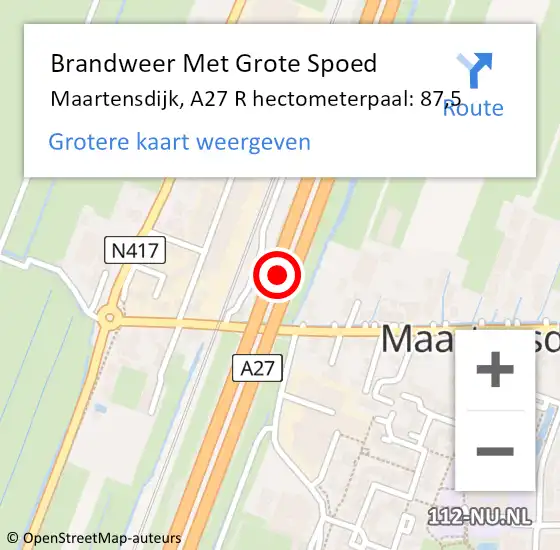 Locatie op kaart van de 112 melding: Brandweer Met Grote Spoed Naar Maartensdijk, A27 R hectometerpaal: 87,5 op 2 maart 2018 10:29