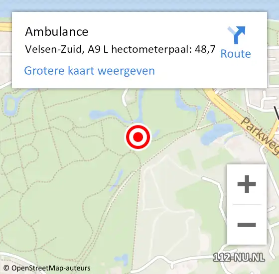 Locatie op kaart van de 112 melding: Ambulance Velsen-Zuid, A9 L hectometerpaal: 48,7 op 3 maart 2018 04:47