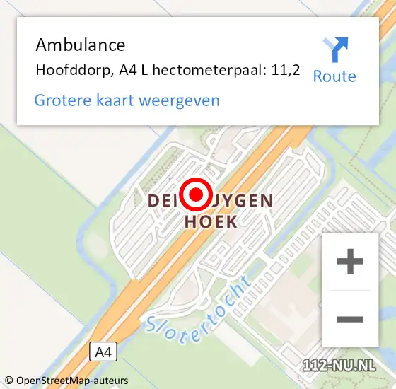 Locatie op kaart van de 112 melding: Ambulance Hoofddorp, A4 L hectometerpaal: 11,2 op 3 maart 2018 19:11