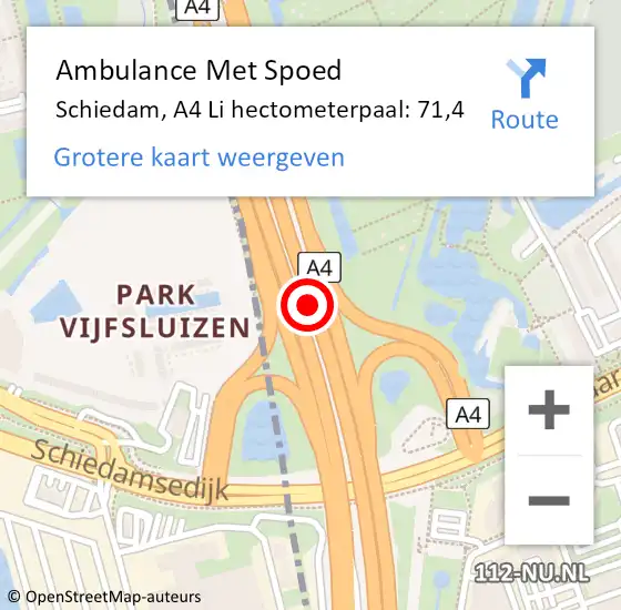 Locatie op kaart van de 112 melding: Ambulance Met Spoed Naar Schiedam, A4 L hectometerpaal: 70,2 op 4 maart 2018 16:07