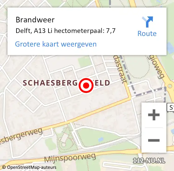 Locatie op kaart van de 112 melding: Brandweer Delft, A13 Li hectometerpaal: 7,7 op 5 maart 2018 08:38