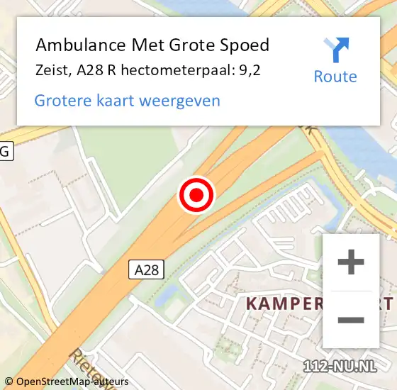 Locatie op kaart van de 112 melding: Ambulance Met Grote Spoed Naar Zeist, A28 R hectometerpaal: 9,2 op 5 maart 2018 14:51