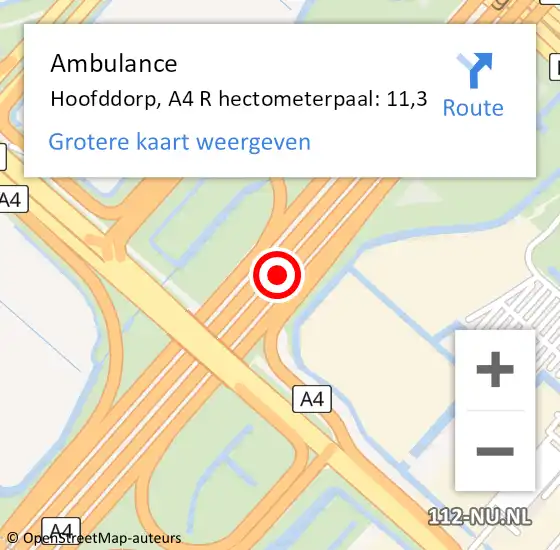 Locatie op kaart van de 112 melding: Ambulance Hoofddorp, A4 R hectometerpaal: 11,3 op 6 maart 2018 22:22