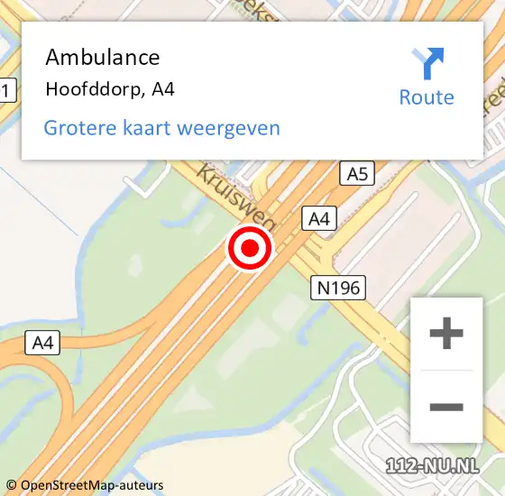 Locatie op kaart van de 112 melding: Ambulance Hoofddorp, A4 op 7 maart 2018 08:04