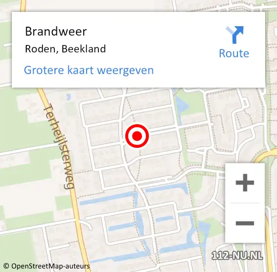 Locatie op kaart van de 112 melding: Brandweer Roden, Beekland op 7 maart 2018 12:55