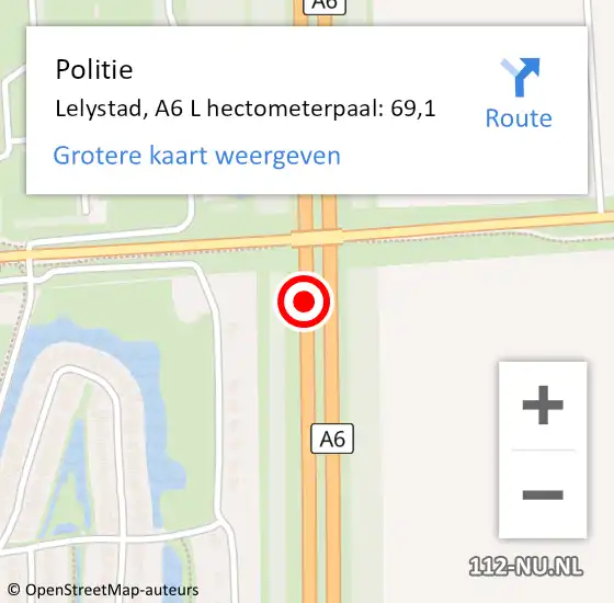 Locatie op kaart van de 112 melding: Politie Lelystad, A6 R hectometerpaal: 89,4 op 7 maart 2018 17:23