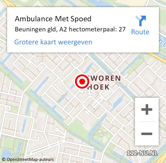 Locatie op kaart van de 112 melding: Ambulance Met Spoed Naar Beuningen gld, A2 hectometerpaal: 27 op 7 maart 2018 23:45