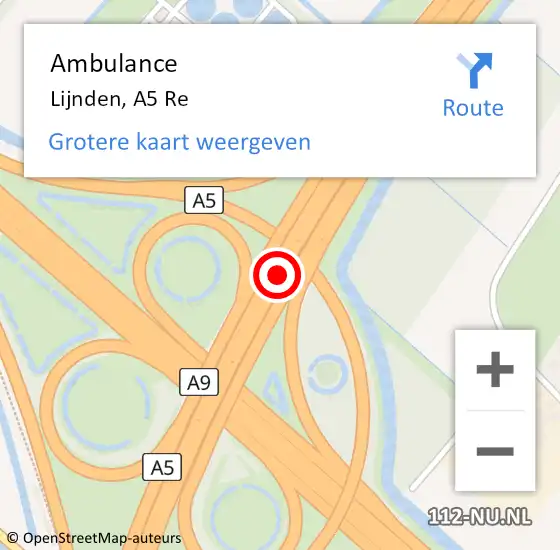 Locatie op kaart van de 112 melding: Ambulance Lijnden, A5 L hectometerpaal: 5,7 op 8 maart 2018 08:44