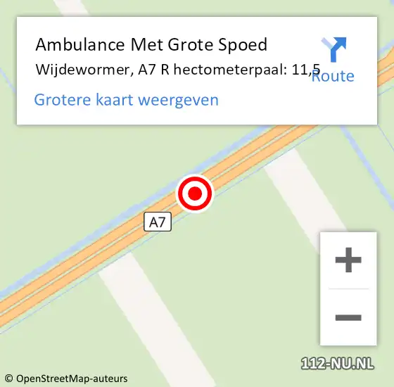 Locatie op kaart van de 112 melding: Ambulance Met Grote Spoed Naar Wijdewormer, A7 R hectometerpaal: 11,5 op 8 maart 2018 15:57