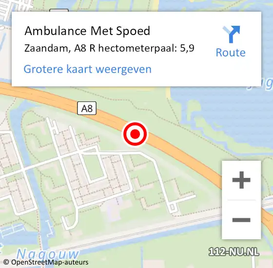 Locatie op kaart van de 112 melding: Ambulance Met Spoed Naar Zaandam, A8 R hectometerpaal: 5,9 op 9 maart 2018 23:37