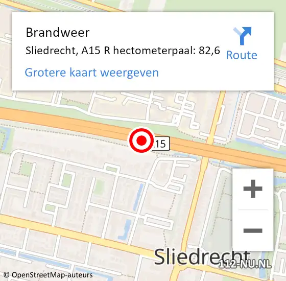 Locatie op kaart van de 112 melding: Brandweer Sliedrecht, A15 R hectometerpaal: 82,6 op 10 maart 2018 09:59