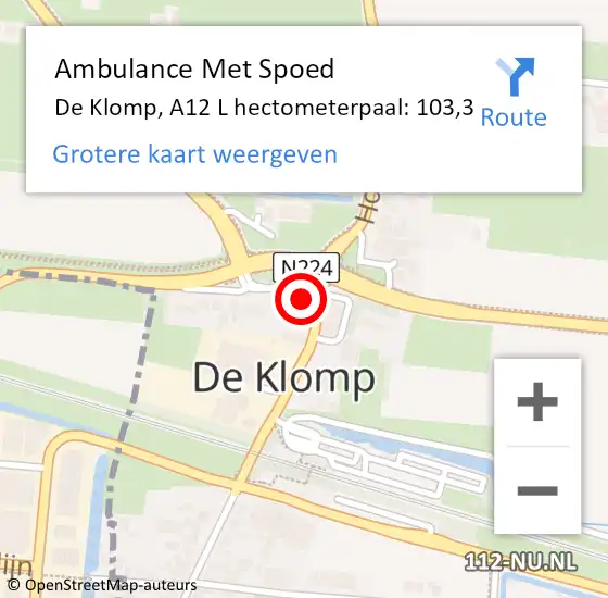 Locatie op kaart van de 112 melding: Ambulance Met Spoed Naar De Klomp, A12 L hectometerpaal: 103,3 op 10 maart 2018 16:59