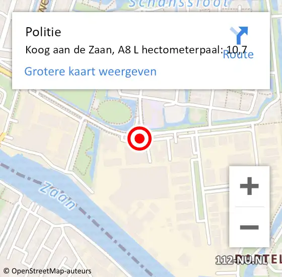 Locatie op kaart van de 112 melding: Politie Koog aan de Zaan, A8 L hectometerpaal: 10,7 op 10 maart 2018 21:32