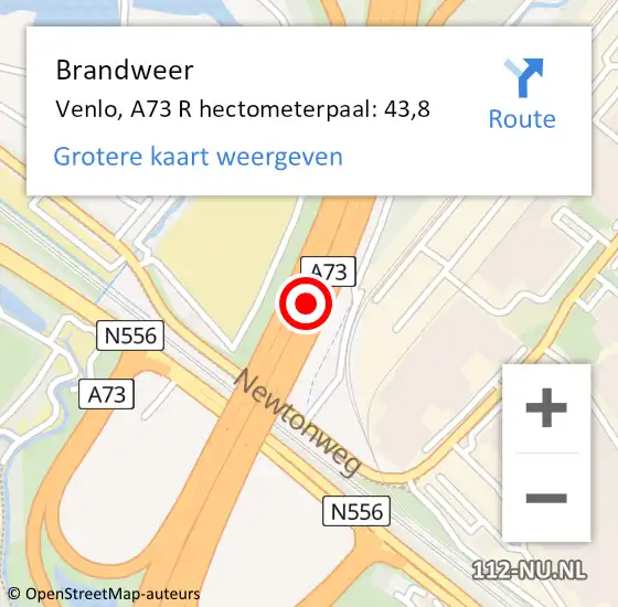 Locatie op kaart van de 112 melding: Brandweer Venlo, A73 R hectometerpaal: 43,8 op 13 maart 2018 07:04